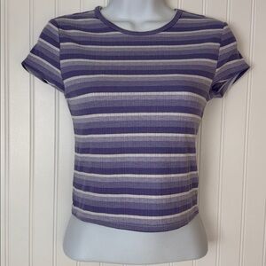 Reformation Short Sleeve Cropped Top XS Purple Crew Neck Ribbed, Striped